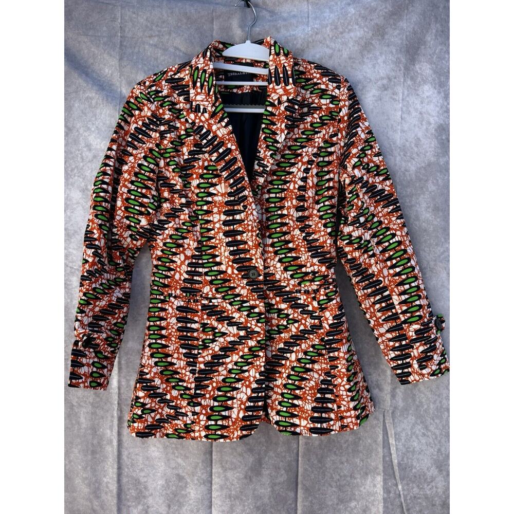 Vintage Style Geometric Pattern Blazer Jacket Orange Green Black Statement Piece